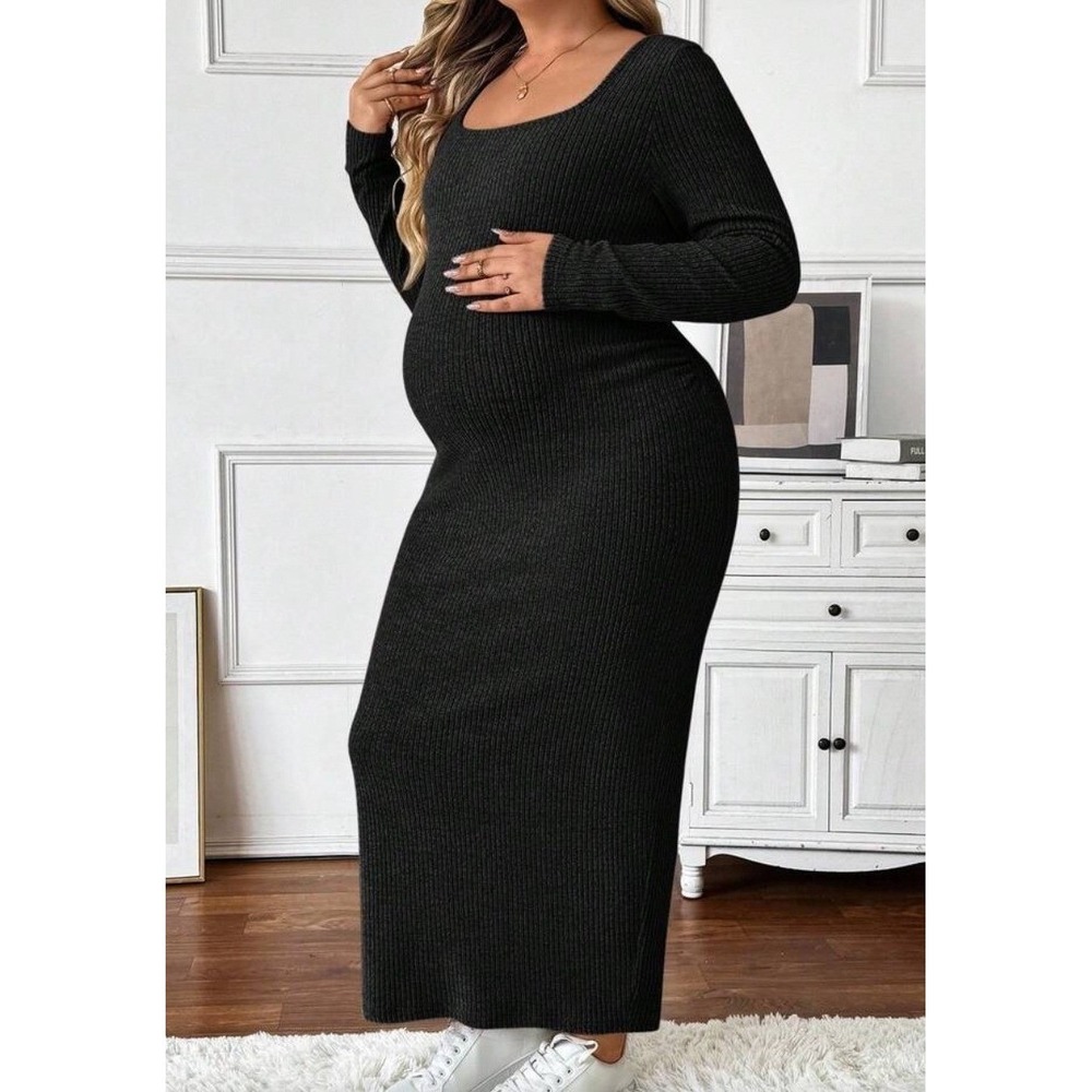Black Ribbed Maternity Maxi Dress 4XL Long Sleeve Scoop Neck